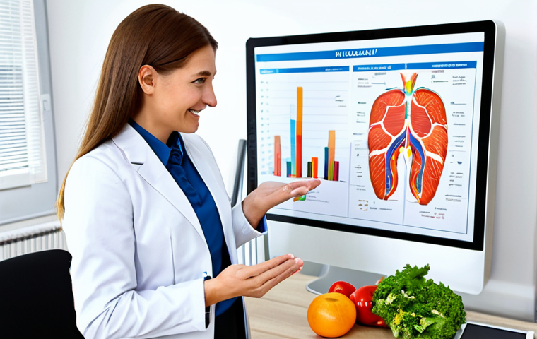 **

"A professional nutritionist in a bright, modern office consults with a client, both fully clothed in appropriate attire. The setting is friendly and encouraging, with informational charts and healthy food options visible. Perfect anatomy, correct proportions, natural pose, well-formed hands, proper finger count, professional setting, safe for work, appropriate content, modest, family-friendly."

**