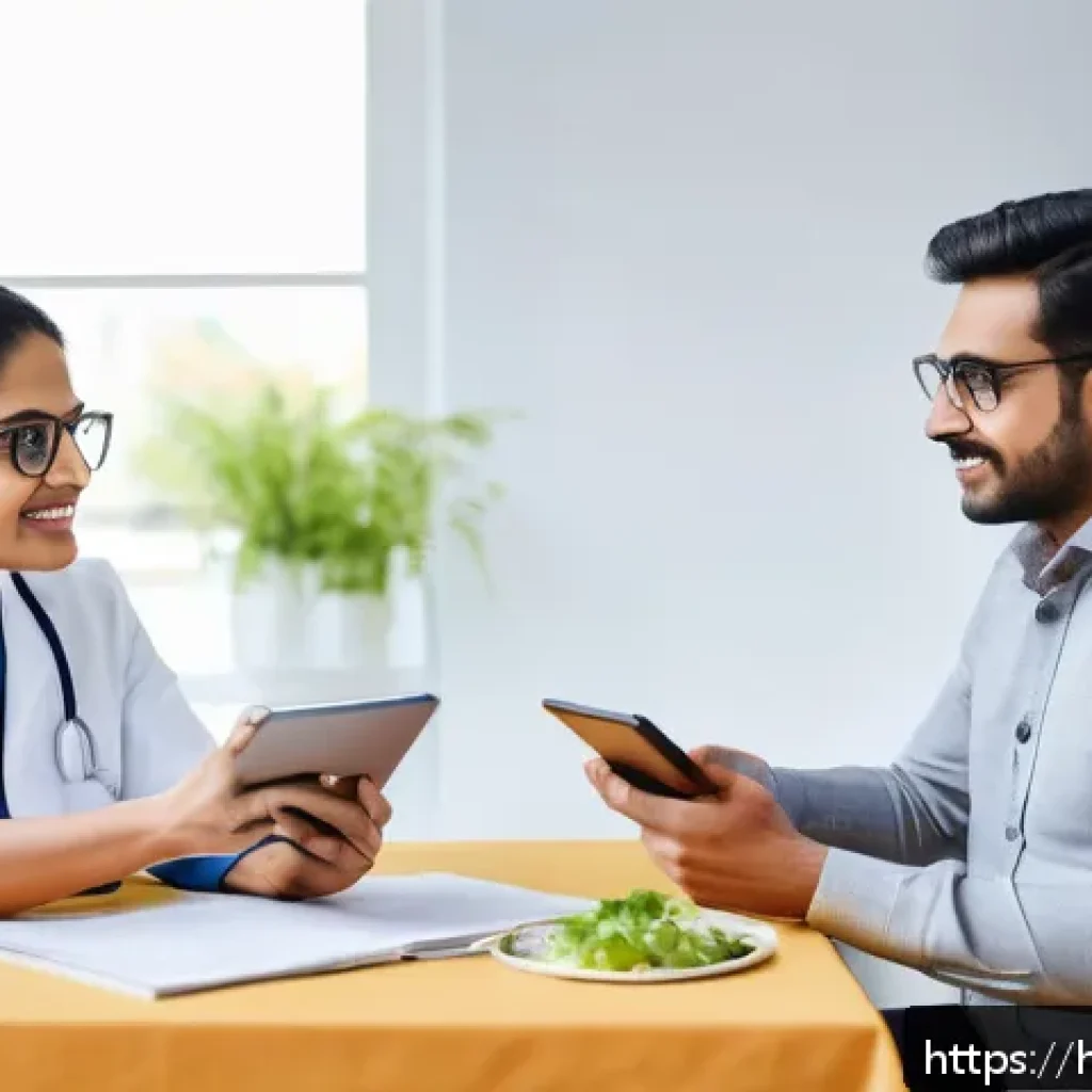 다이어트 지도사 취업 시 면접 질문과 답변 예시 - A professional diet counselor consulting a middle-aged Hindi-speaking client in a modern clinic sett...