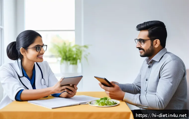 다이어트 지도사 취업 시 면접 질문과 답변 예시 - A professional diet counselor consulting a middle-aged Hindi-speaking client in a modern clinic sett...