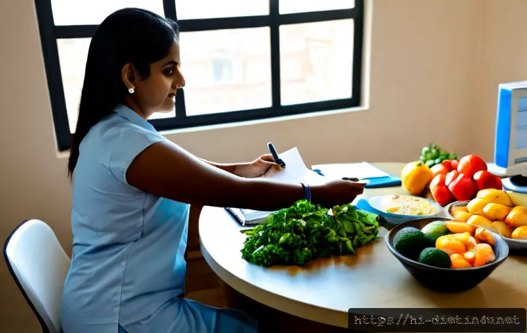 Home 17 다이어트 프로그램 지도사 업무일기 - Photorealistic Indian diet program instructor at a clean wellness clinic desk, reviewing a client’s ...